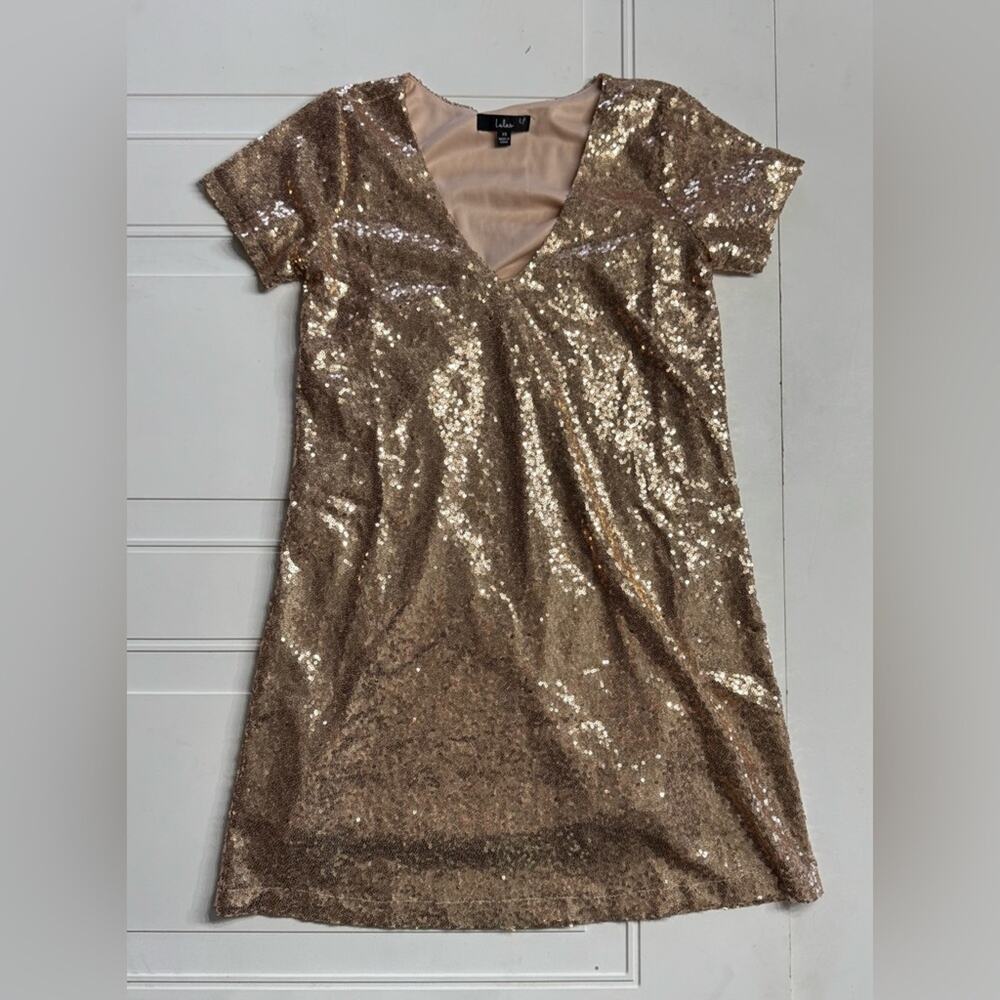 Lulus Womens Sz XS Light Up the Night Champagne Sequin Sequin Short Sleeve Dress